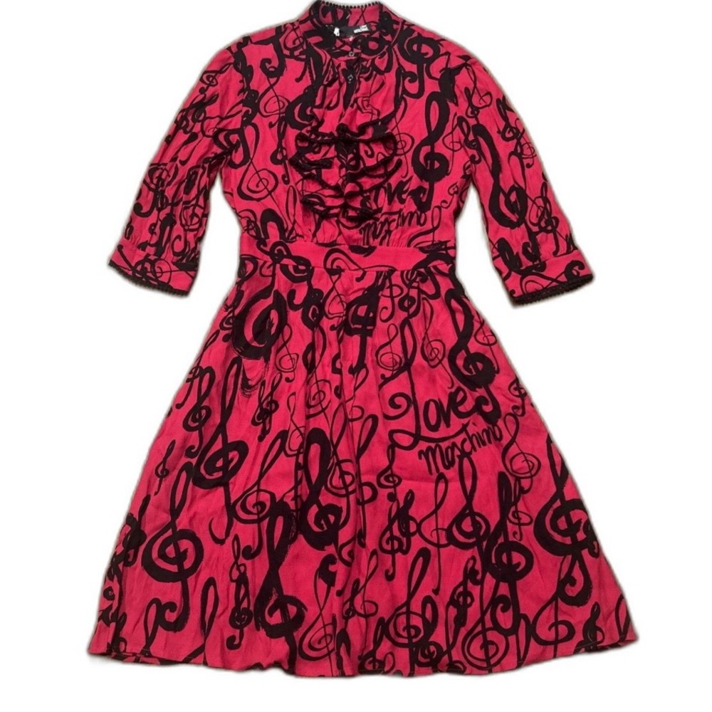 Love Moschino Musical Note Symbol Jabot Ruffle Dress Fuchsia Pink Black US 4